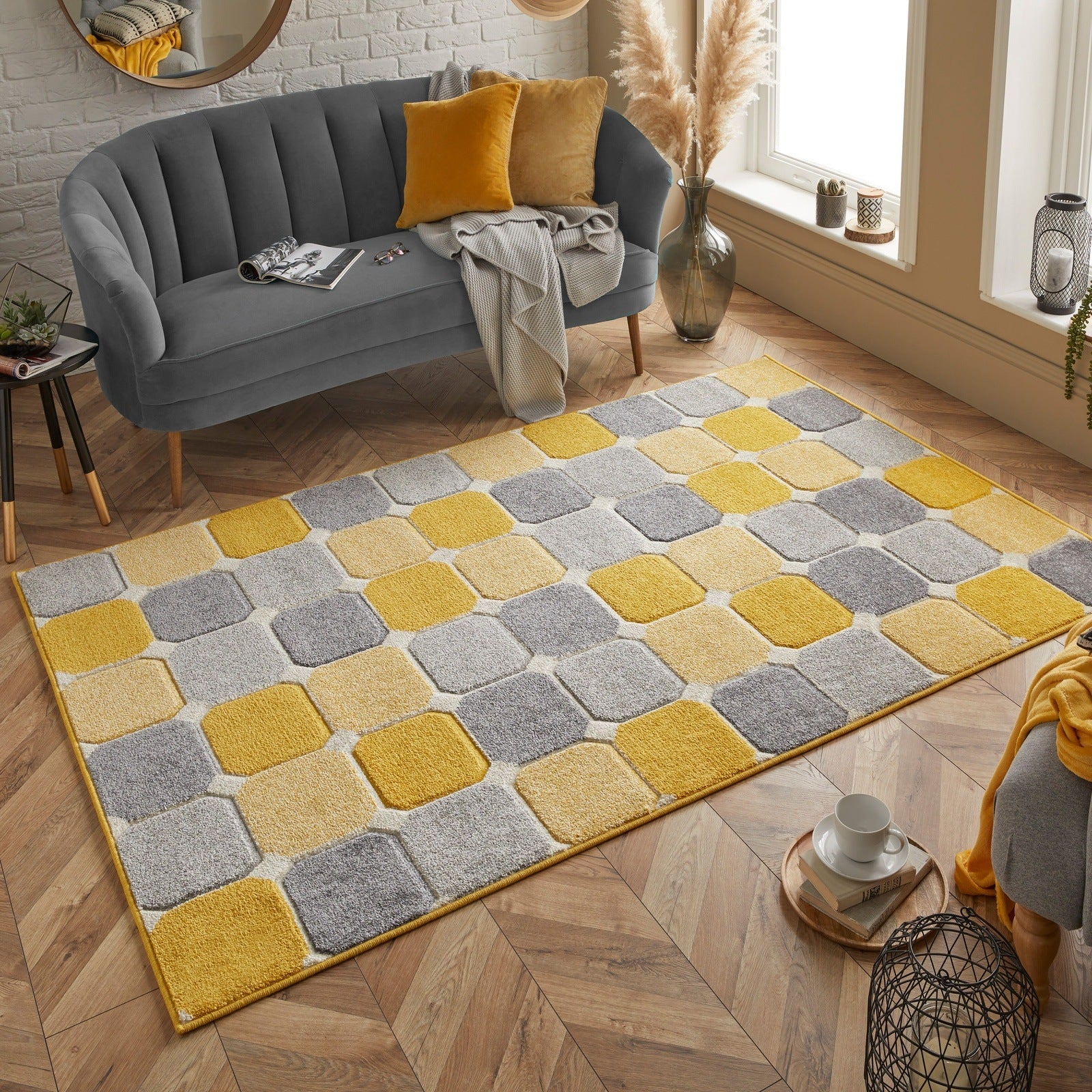 Oriental Weavers Portland Modern Rug 172 J Yellow Grey Cream